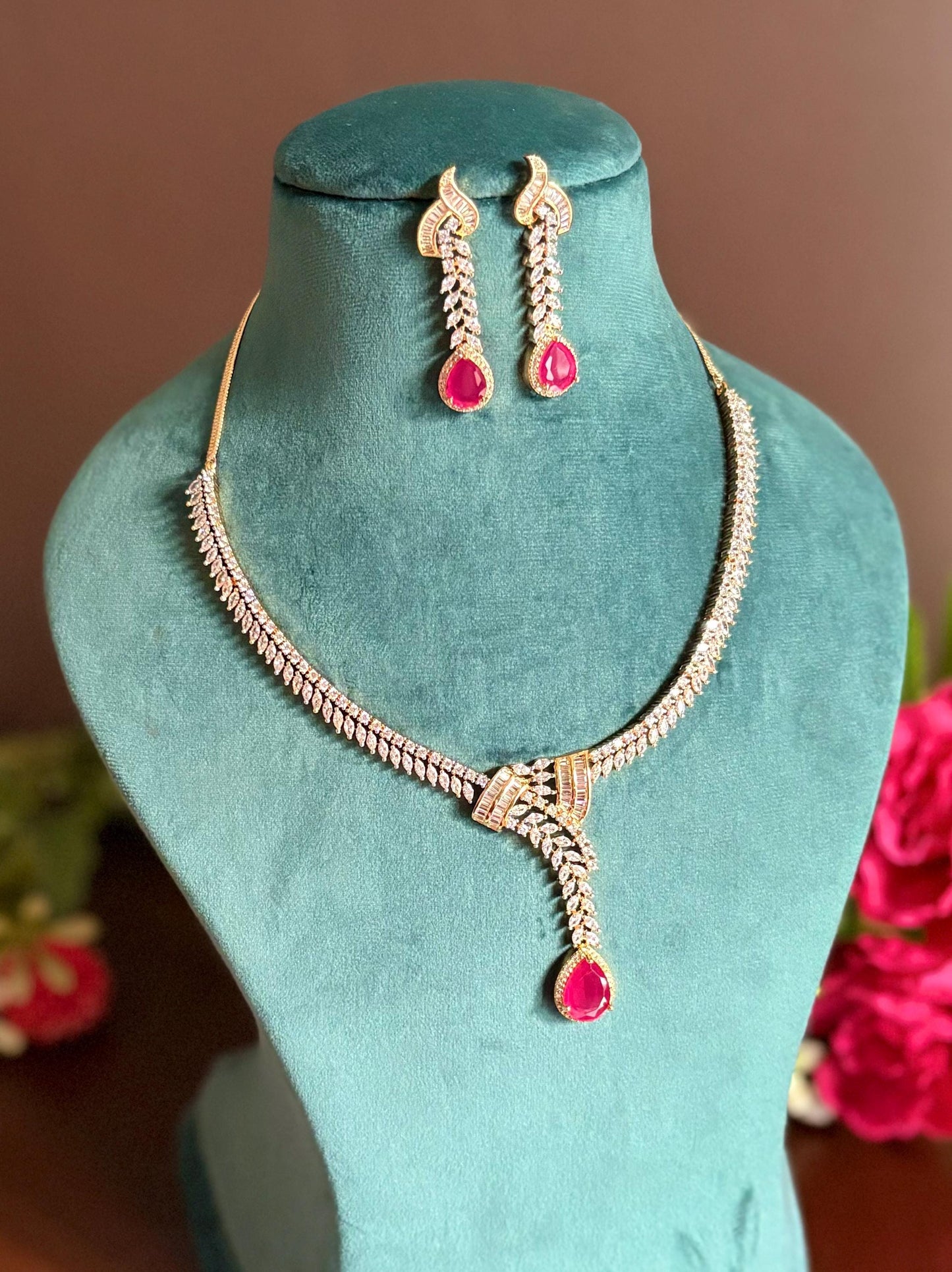 NAIRA Real diamond look gold silver finish Ruby red American Diamond Necklace Set/Pakistani bridal wedding jewelry,Indian  elegant jewellery