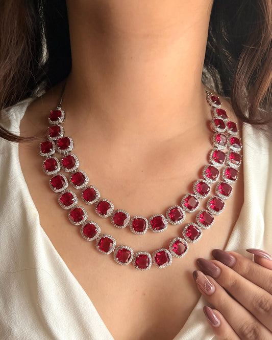 SIA two layered Ruby red necklace earrings Statement American Diamond,Indian Jewelry Pakistani Wedding jewellery Cz Zircon,prom jewelry