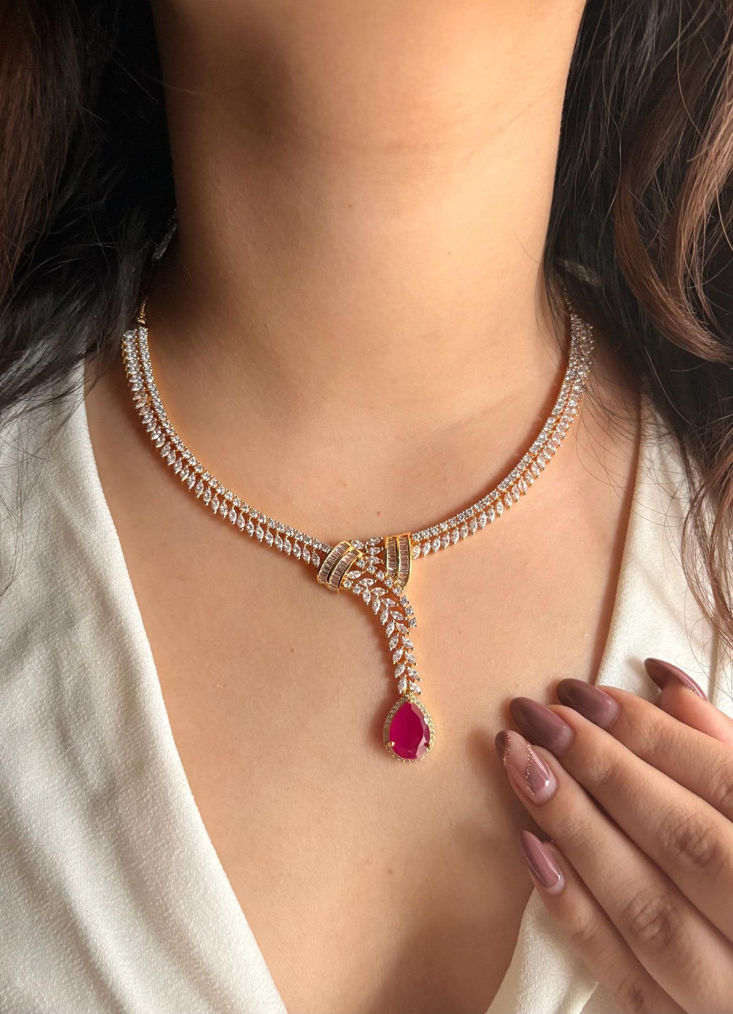 NAIRA Real diamond look gold silver finish Ruby red American Diamond Necklace Set/Pakistani bridal wedding jewelry,Indian  elegant jewellery