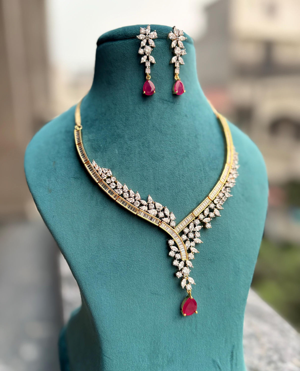 ZOHRA Real diamond look gold silver finish Ruby red baguette diamond Necklace Set/Pakistani wedding jewelry,Indian cz imitation jewellery
