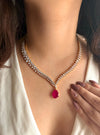 DIA Real diamond look gold silver finish Ruby red American Diamond Necklace Set Two tone wedding jewelry,Indian  elegant jewellery