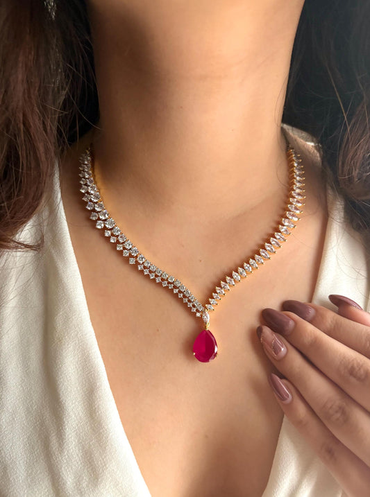 DIA Real diamond look gold silver finish Ruby red American Diamond Necklace Set Two tone wedding jewelry,Indian  elegant jewellery