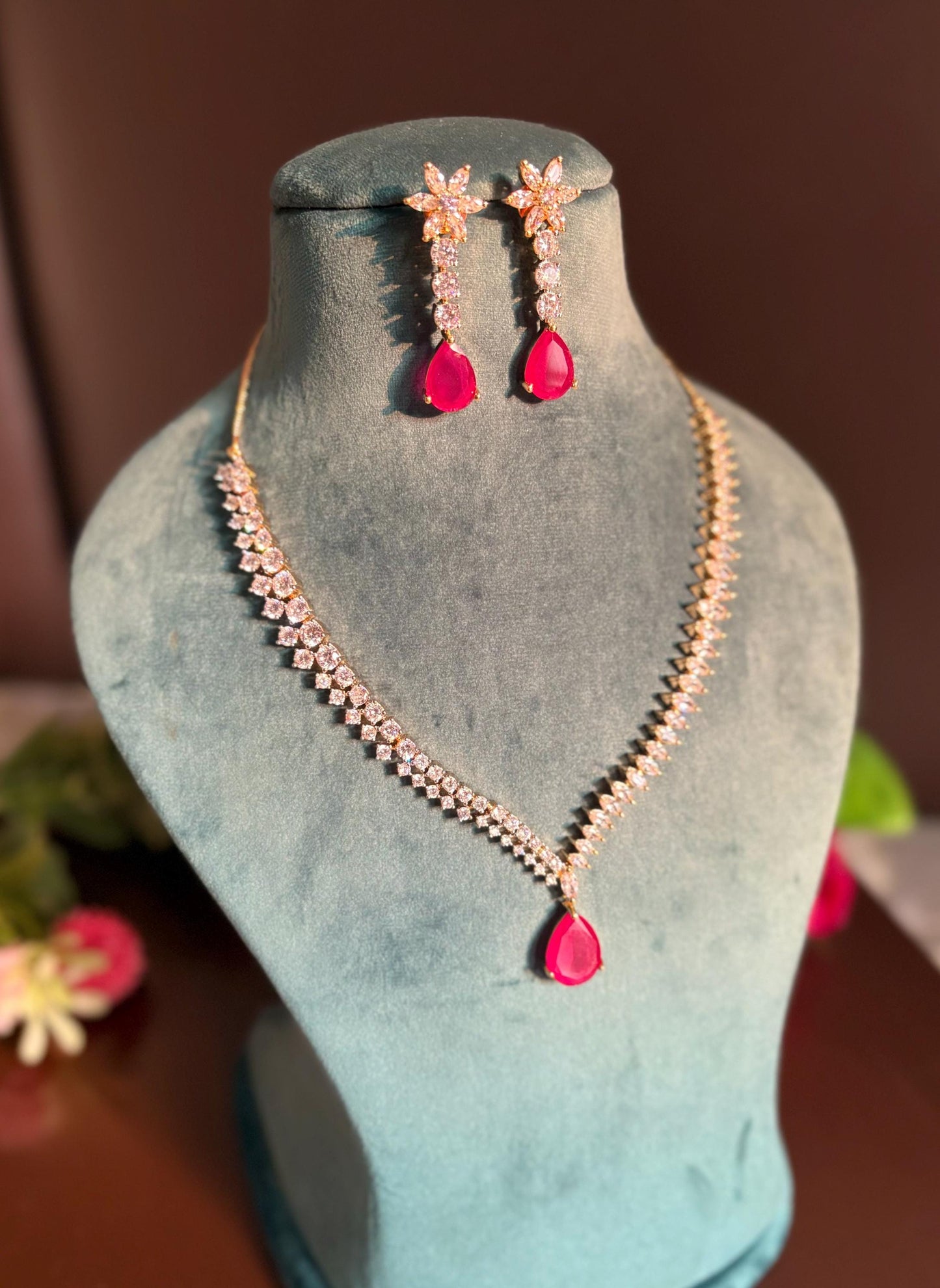 DIA Real diamond look gold silver finish Ruby red American Diamond Necklace Set Two tone wedding jewelry,Indian  elegant jewellery