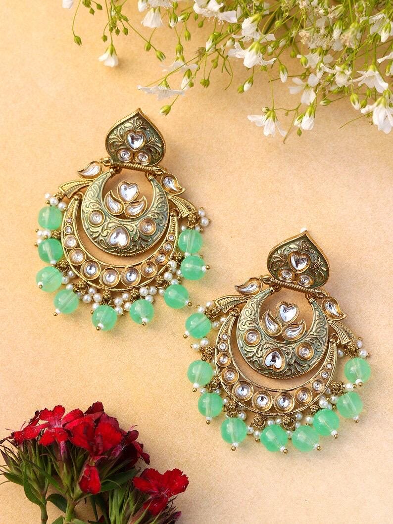 SABAA mint green kundan meenakari chandbali earrings /Bollywood earings / Pakistani punjabi Wedding /Navratri Indian Diwali costume jewelry