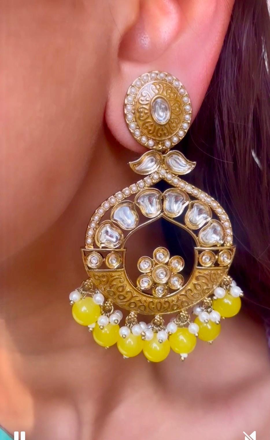 MEHER Yellow Gold Kundan chandbali earrings polki / Pakistani Wedding / Navratri function Indian statement Diwali jewelry