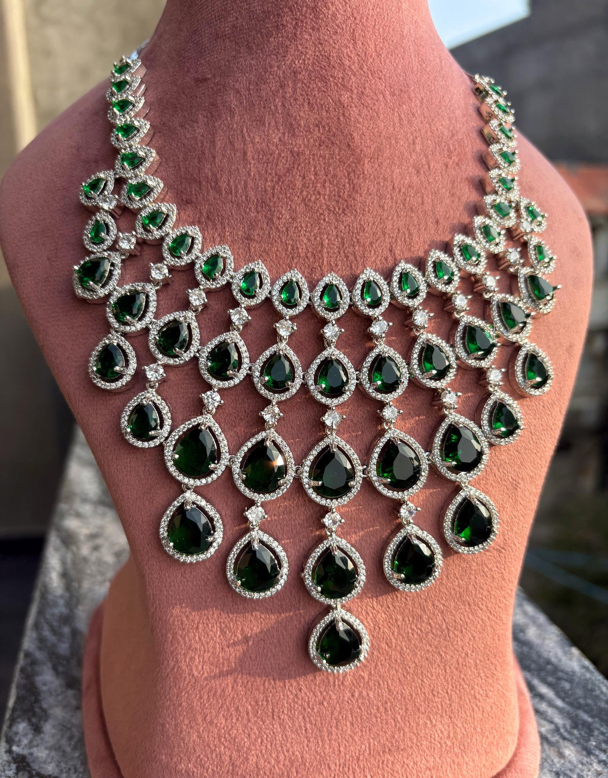 MEHNAZ Emerald green American Diamond  High Quality necklace set, bridal wedding jewellery, green colour jewelry necklace earrings maangtika