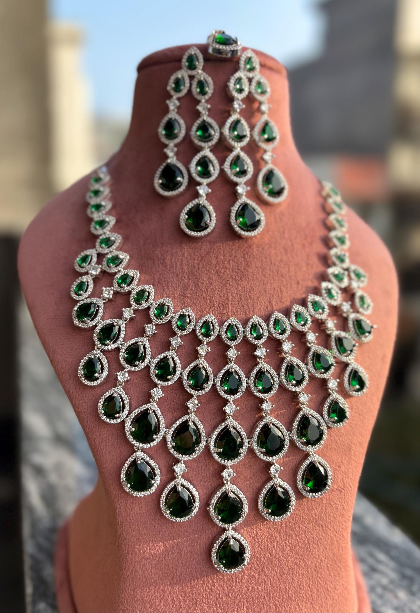 MEHNAZ Emerald green American Diamond  High Quality necklace set, bridal wedding jewellery, green colour jewelry necklace earrings maangtika