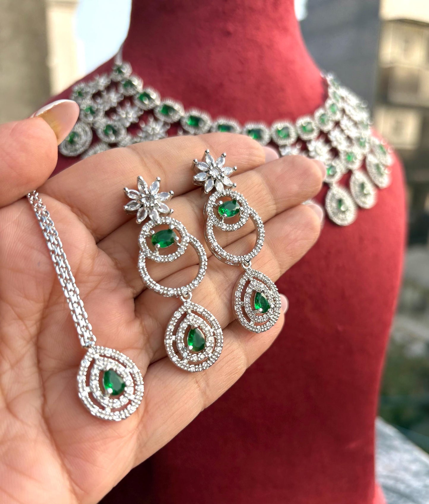 ABHA Emerald green American Diamond necklace Choker set Indian bridal wedding jewelry,maangtika,Pakistani zircon jewellery,green colour set