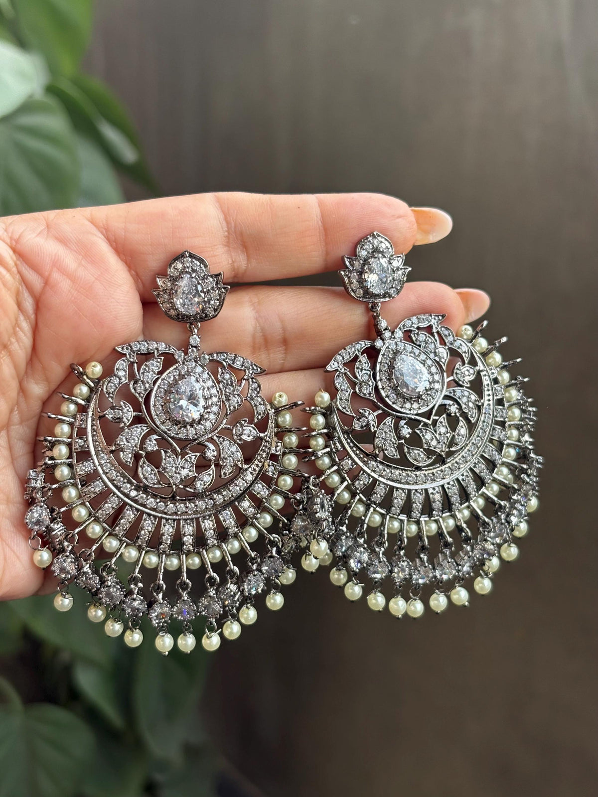 SAANJ Champagne gold colour american diamond earrings,Victorian look black gold finish pearls studded danglers,Indian Wedding bridal jewelry