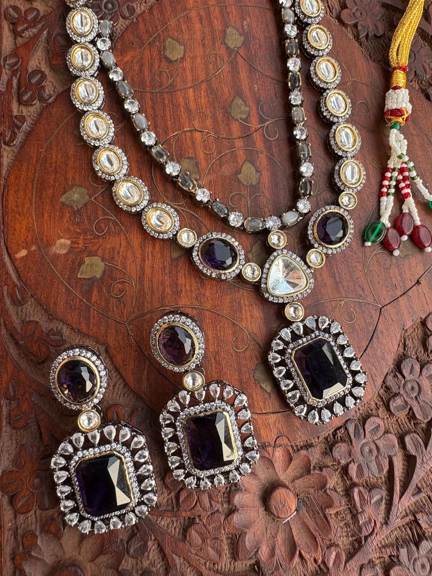 PAVITRA Purple necklace set in Doublet Stones,Victorian look Uncut Polki Indian Kundan Wedding Jewelry, Sabyasachi Jewellery in purple