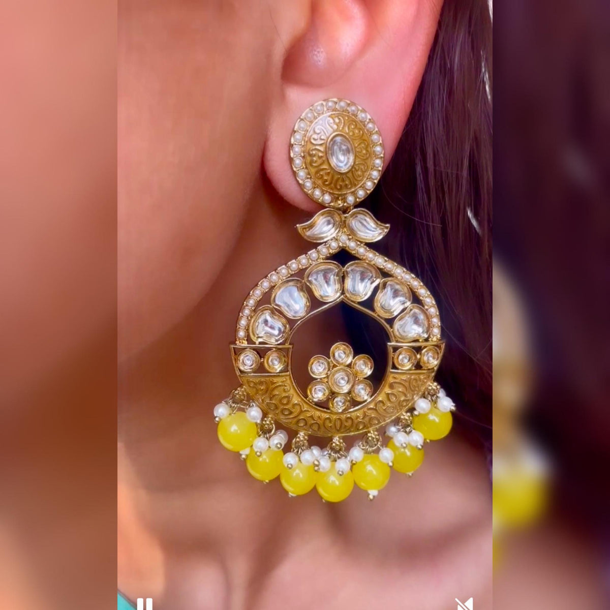 MEHER Yellow Gold Kundan chandbali earrings polki / Pakistani Wedding / Navratri function Indian statement Diwali jewelry