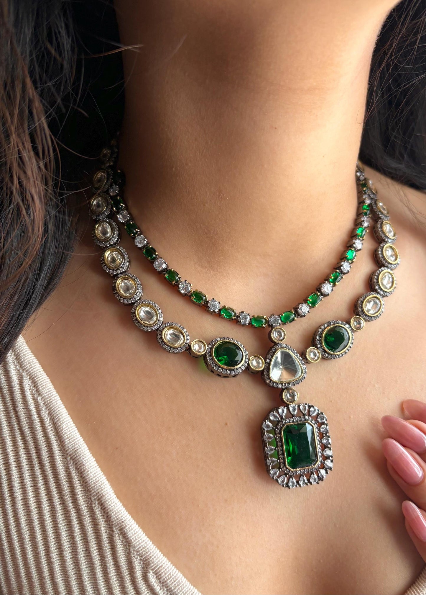 PAVITRA Emerald Green colour necklace set in Doublet Stones,Victorian look Indian Kundan Wedding Jewelry,Sabyasachi Jewellery in green