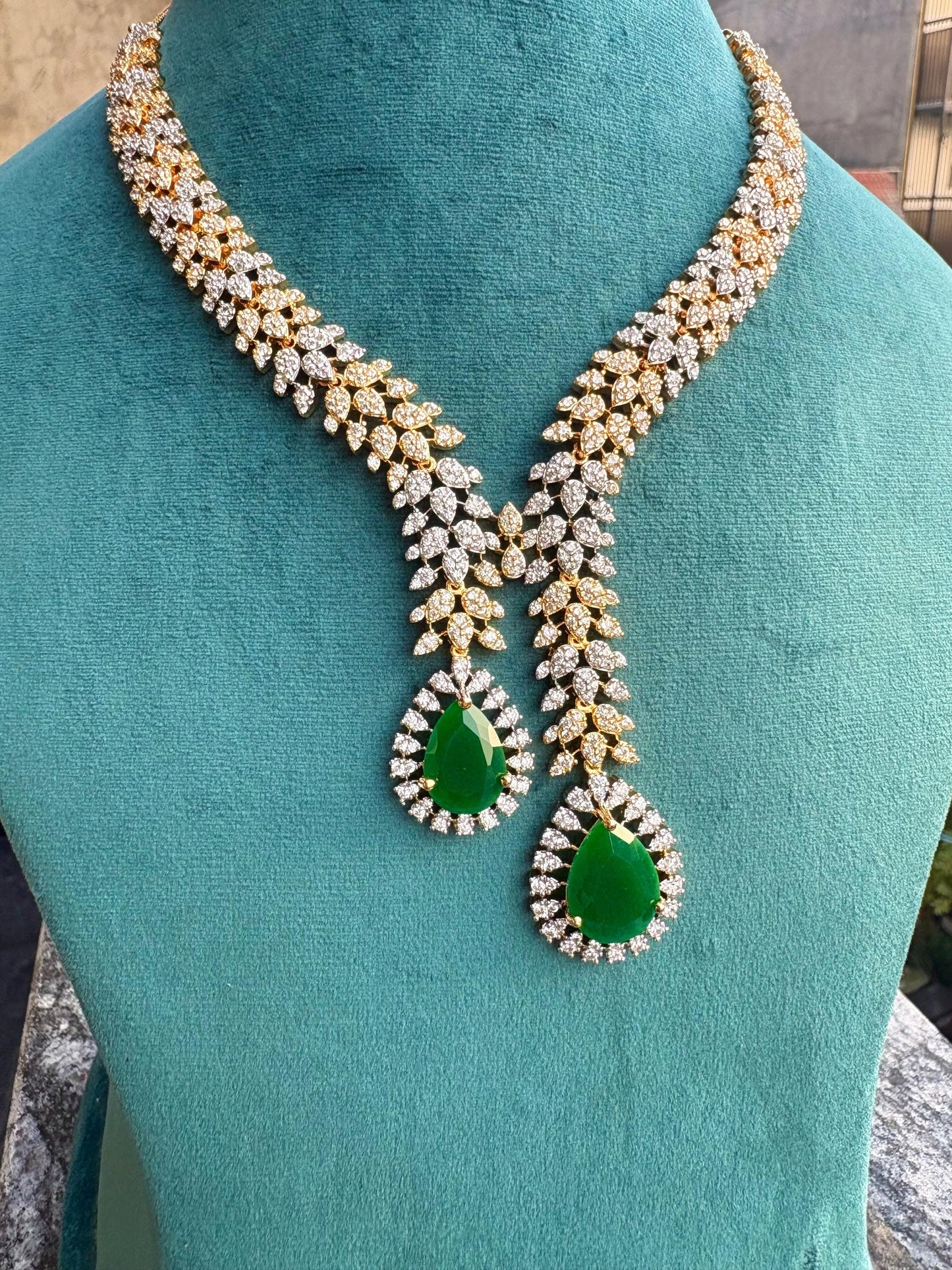 TVISHA Real diamond look gold silver finish Green colour American Diamond Necklace Set Two tone wedding jewelry,Indian  elegant jewellery