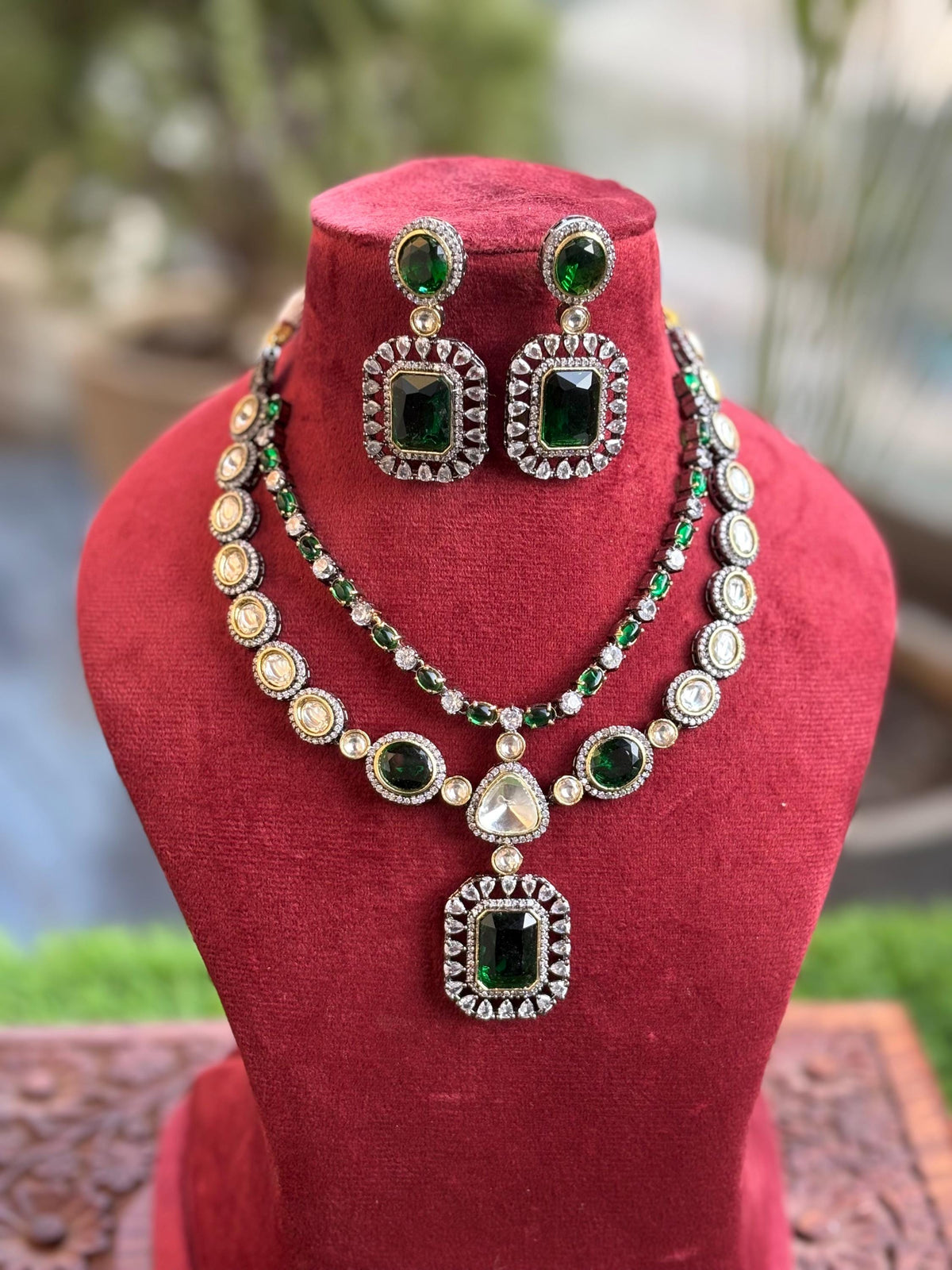 PAVITRA Emerald Green colour necklace set in Doublet Stones,Victorian look Indian Kundan Wedding Jewelry,Sabyasachi Jewellery in green