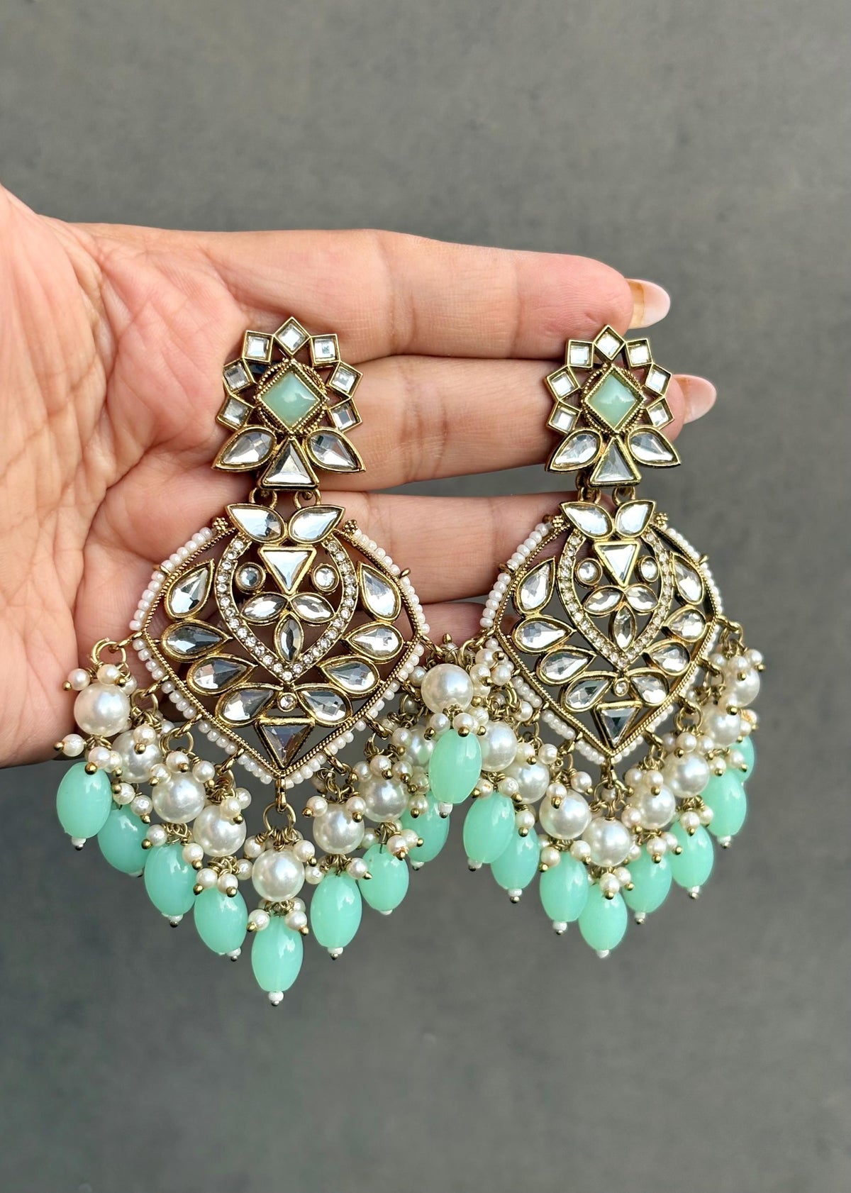 AASHVI Mint  earrings / Bollywood kundan earrings /Pakistani Wedding bridal /Navratri function Indian Diwali jewelry/mint chandbali
