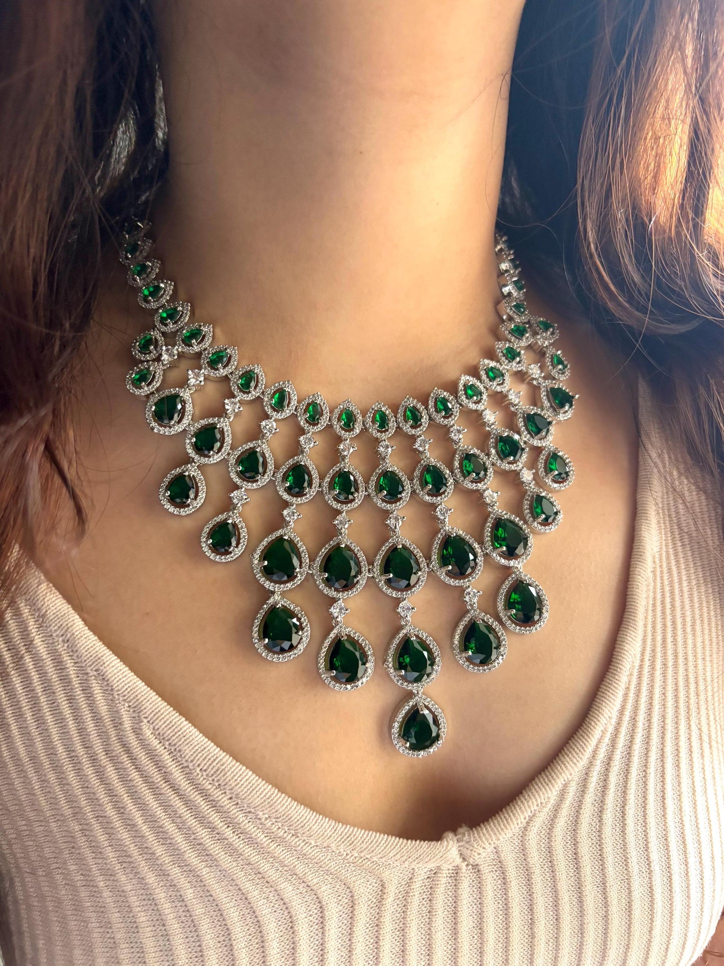 MEHNAZ Emerald green American Diamond  High Quality necklace set, bridal wedding jewellery, green colour jewelry necklace earrings maangtika