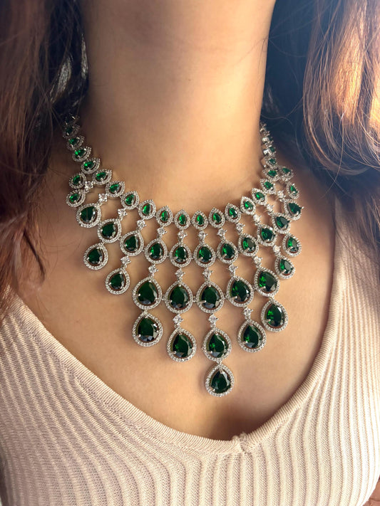 MEHNAZ Emerald green American Diamond  High Quality necklace set, bridal wedding jewellery, green colour jewelry necklace earrings maangtika