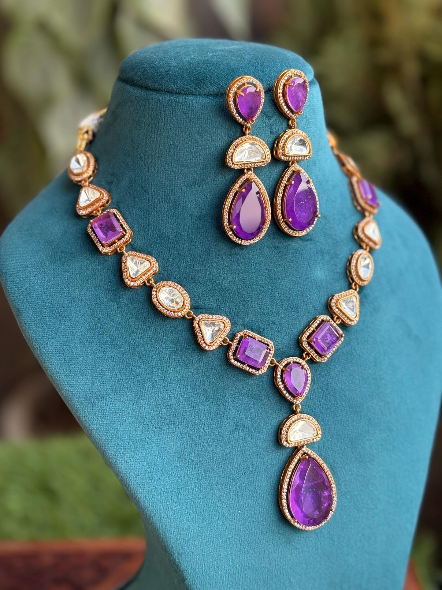 RHEA  purple necklace,Doublet Stones Uncut Polki Kundan Wedding Jewelry Necklace with Earrings,Indian Pakistani jewelry, two tone