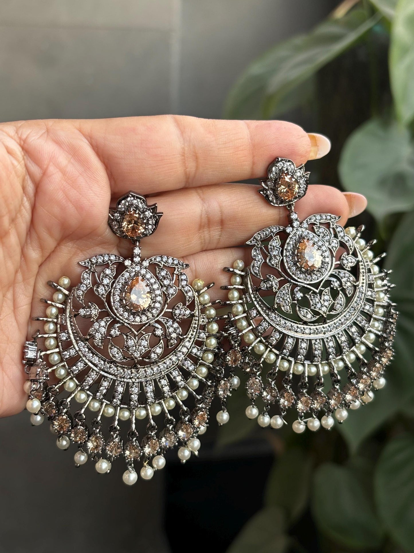 SAANJ Champagne gold colour american diamond earrings,Victorian look black gold finish pearls studded danglers,Indian Wedding bridal jewelry