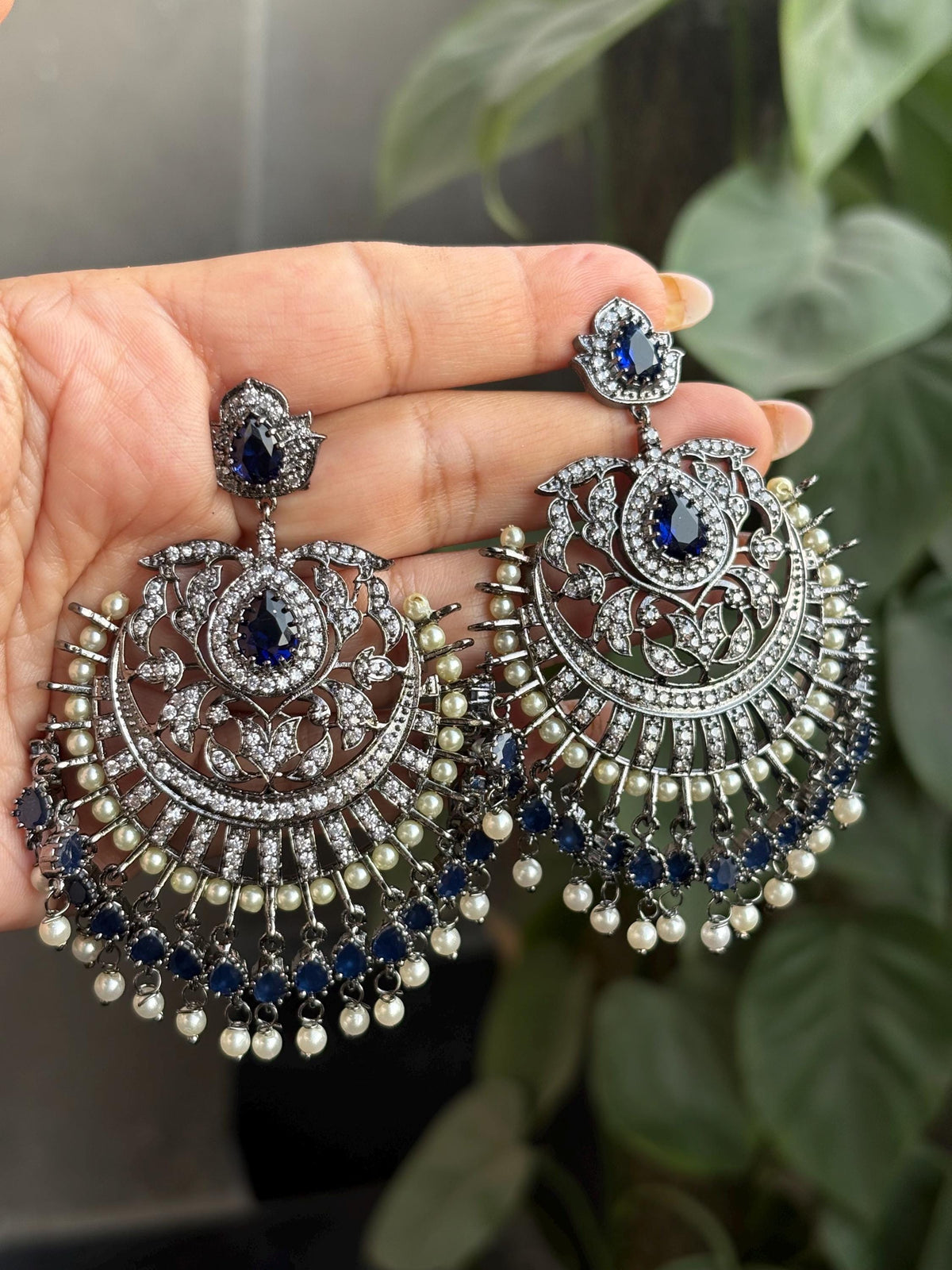 SAANJ Champagne gold colour american diamond earrings,Victorian look black gold finish pearls studded danglers,Indian Wedding bridal jewelry