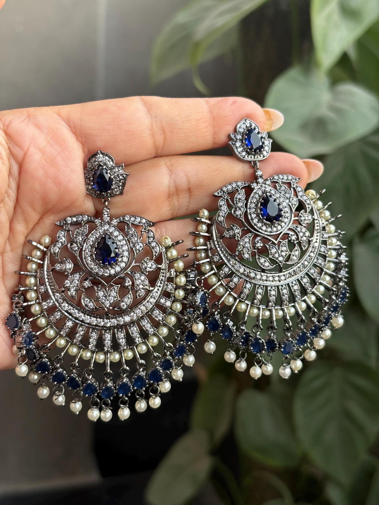 SAANJ Champagne gold colour american diamond earrings,Victorian look black gold finish pearls studded danglers,Indian Wedding bridal jewelry