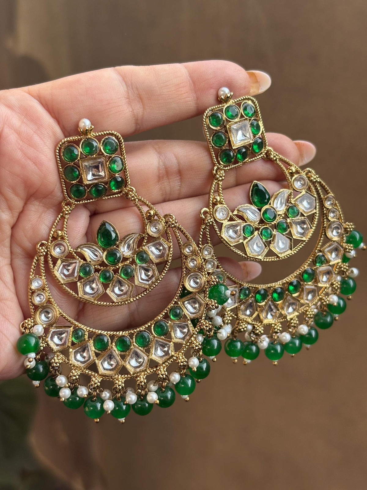 RASIKA green kundan chandbali / Bollywood earrings / Pakistani Wedding bridal / Indian Diwali jewelry/