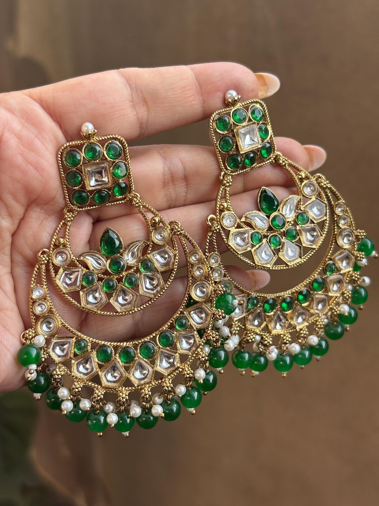 RASIKA green kundan chandbali / Bollywood earrings / Pakistani Wedding bridal / Indian Diwali jewelry/