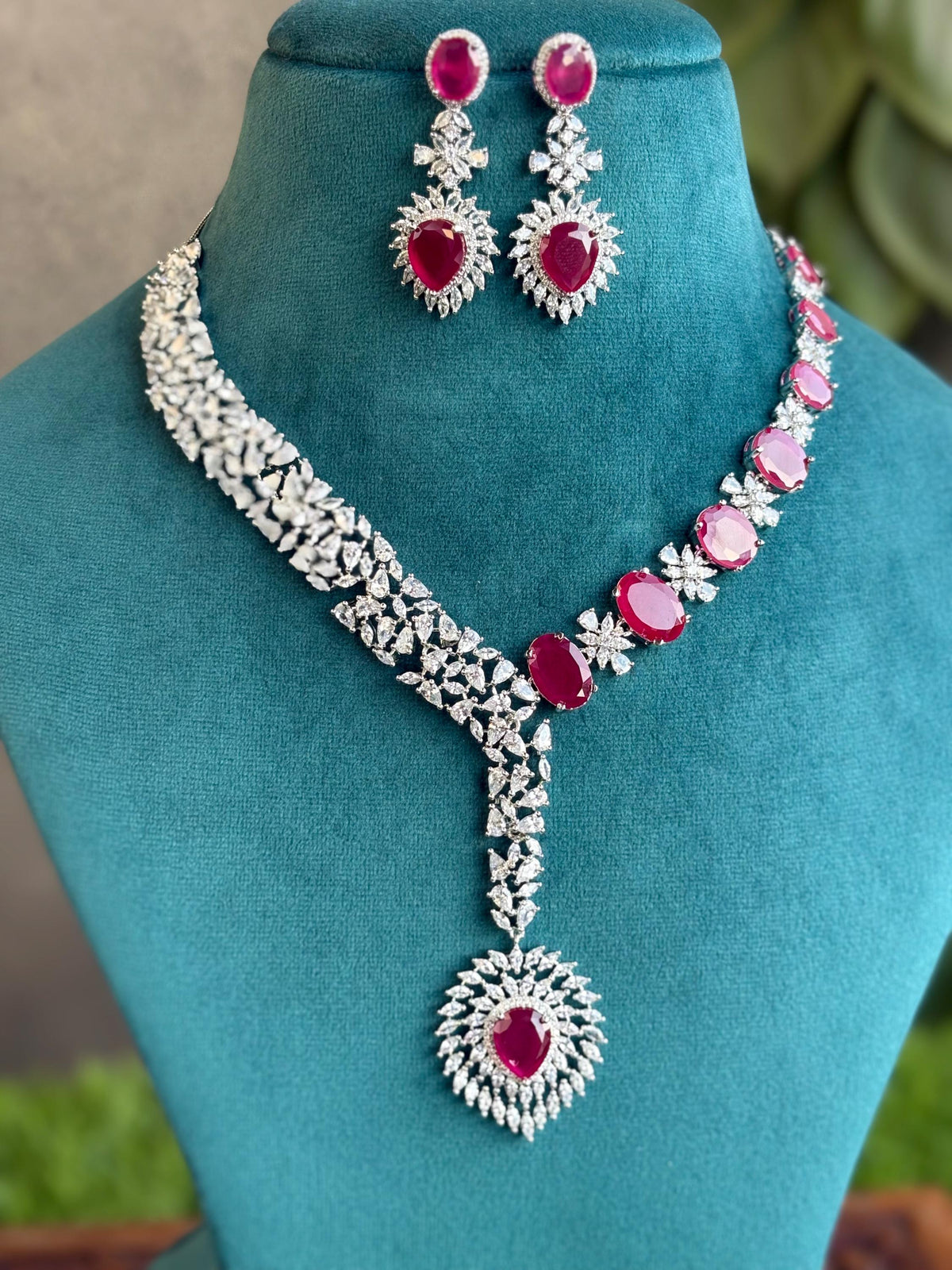 AISHANI Ruby colour stylish necklace Set in American Diamond Classy high quality cz zircon jewelry, prom,gala dinner bridal jewellery