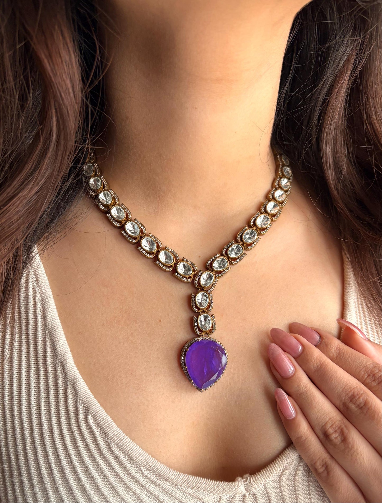 ZEHNAB Victorian look Amethyst purple necklace set in high quality doublet stones, Sabsyasachi inspired Indian jewelry