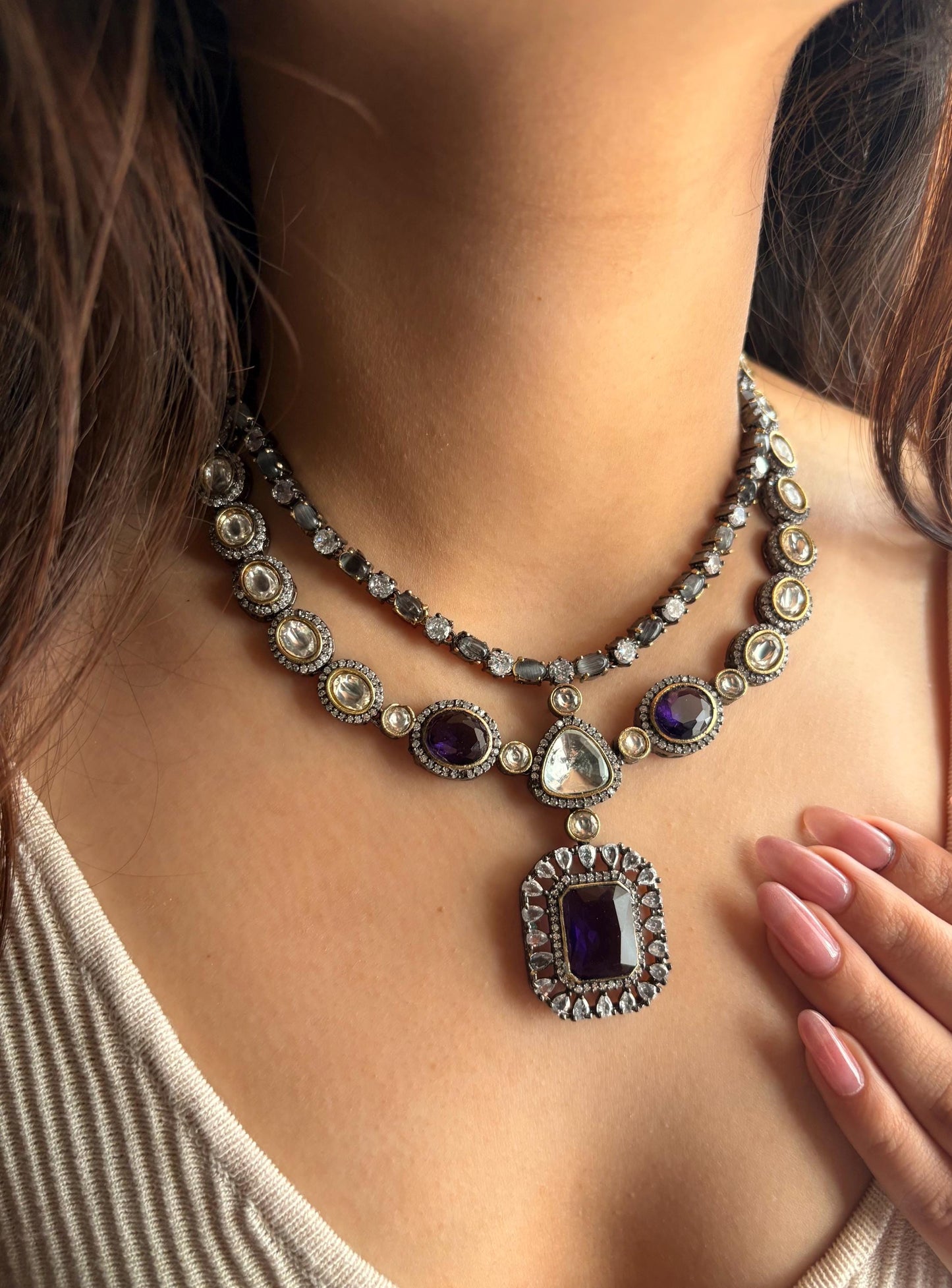 PAVITRA Purple necklace set in Doublet Stones,Victorian look Uncut Polki Indian Kundan Wedding Jewelry, Sabyasachi Jewellery in purple