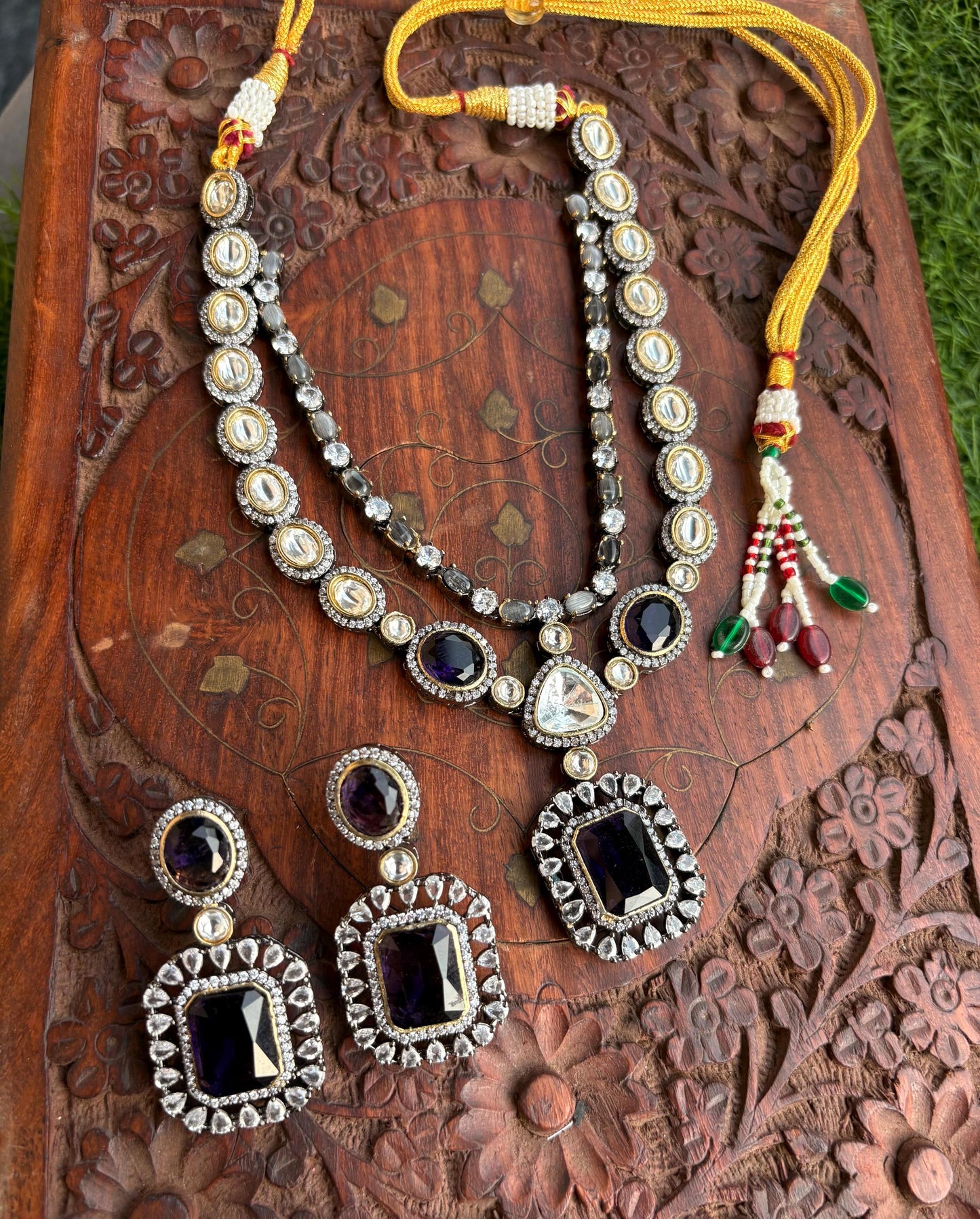 PAVITRA Purple necklace set in Doublet Stones,Victorian look Uncut Polki Indian Kundan Wedding Jewelry, Sabyasachi Jewellery in purple