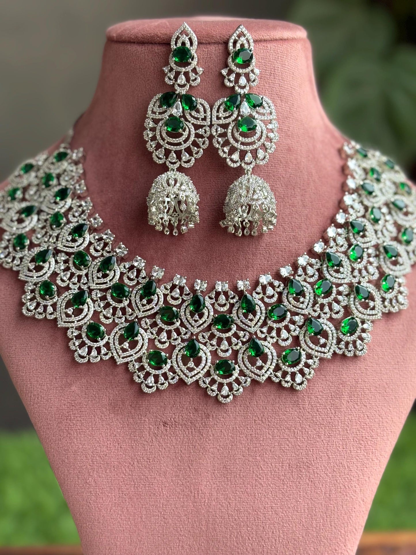 SAMIRA Emerald green American Diamond necklace Choker set Indian bridal wedding jewelry,Pakistani zircon jewellery,green colour set