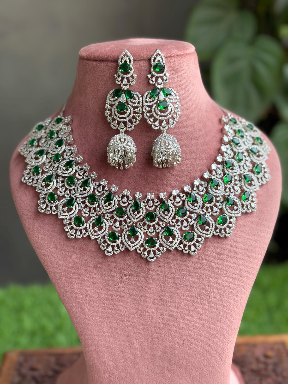 SAMIRA Emerald green American Diamond necklace Choker set Indian bridal wedding jewelry,Pakistani zircon jewellery,green colour set