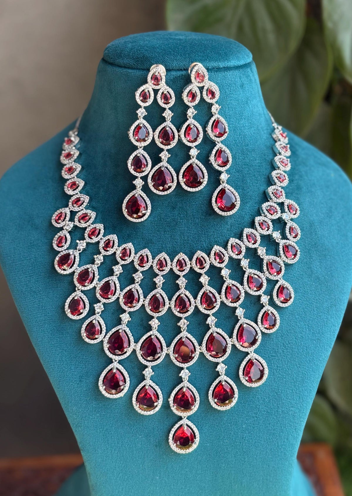 MEHNAZ Ruby red American Diamond  High Quality necklace set, bridal wedding jewellery, red colour jewelry, necklace earrings