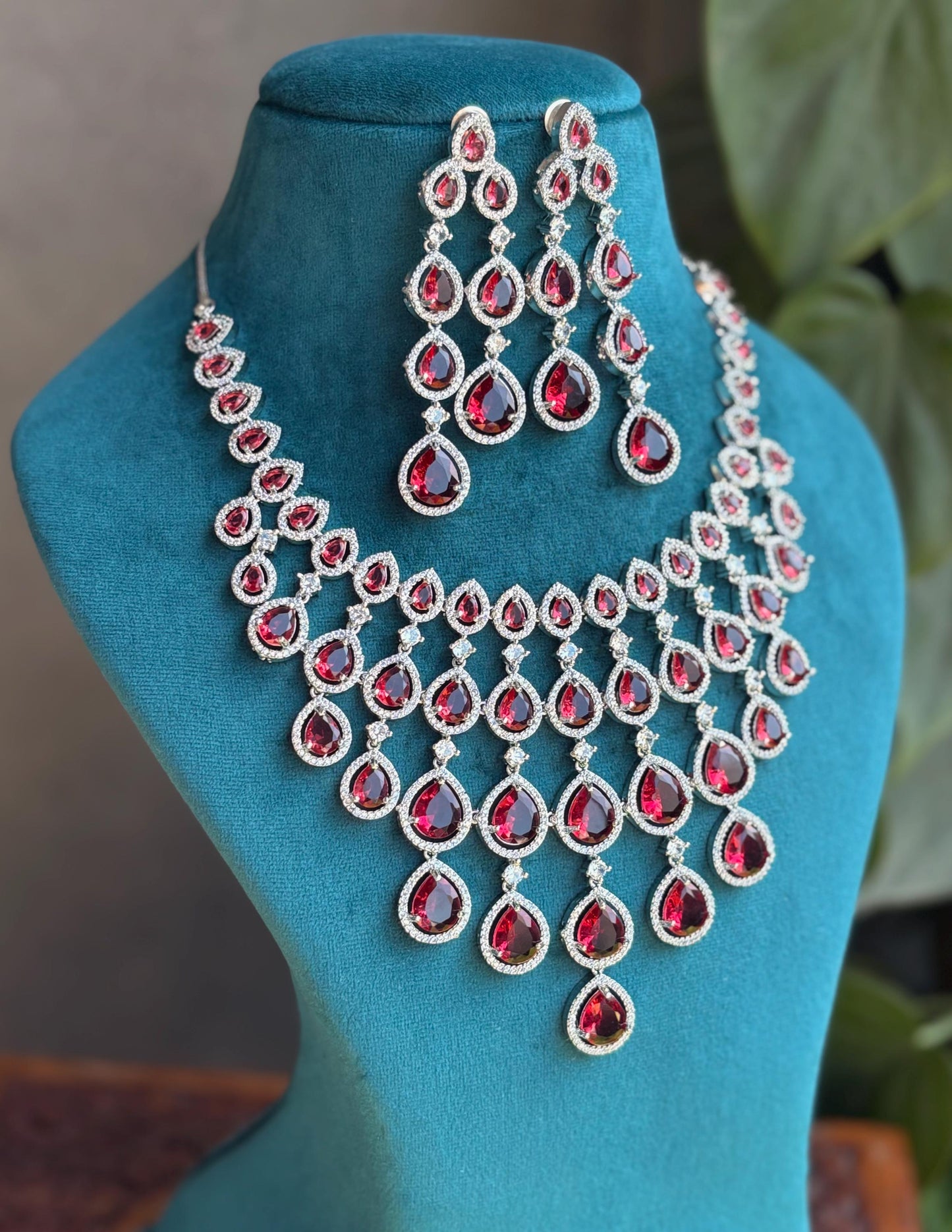 MEHNAZ Ruby red American Diamond  High Quality necklace set, bridal wedding jewellery, red colour jewelry, necklace earrings