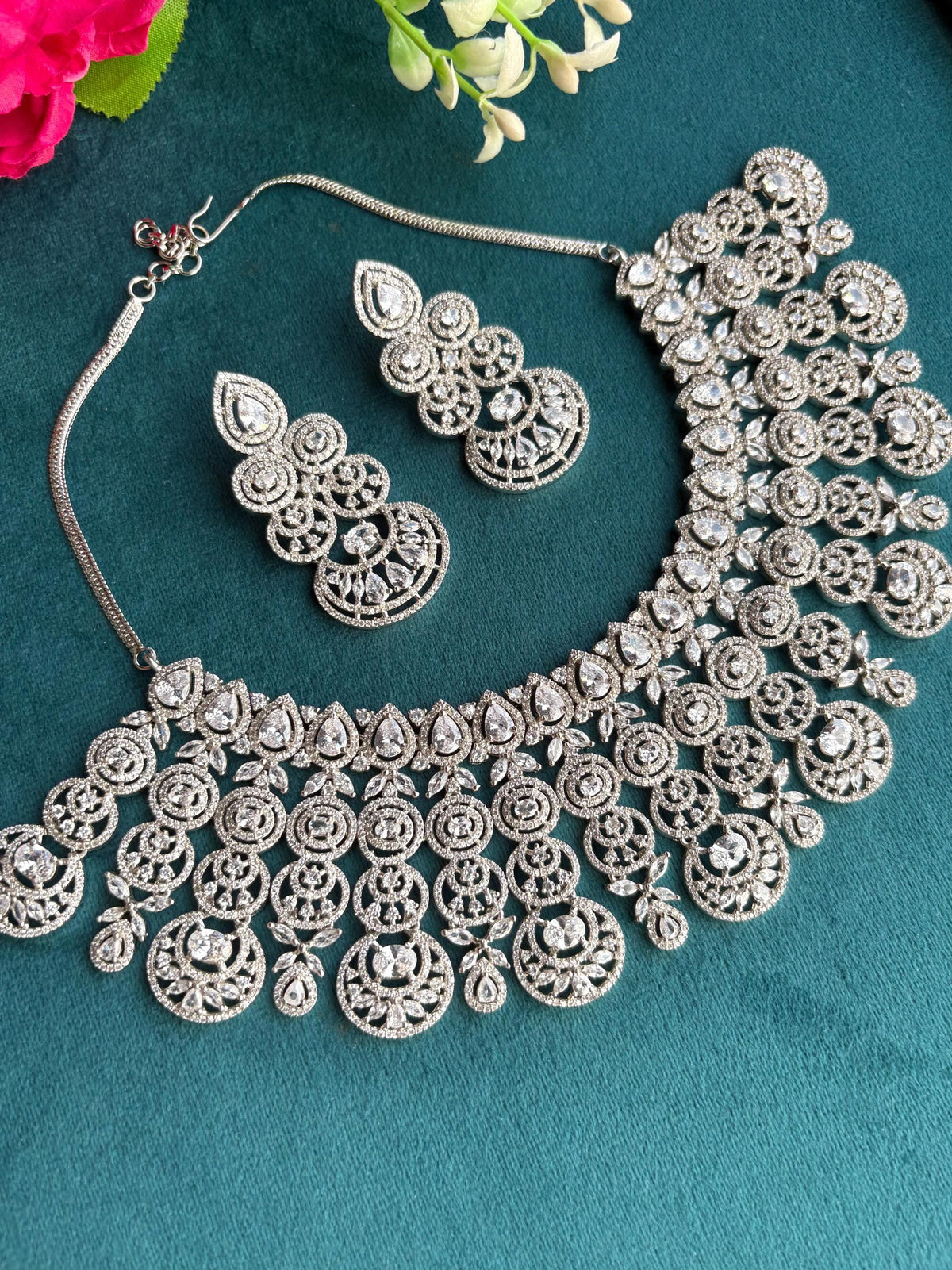 ELENA Silver Clear stones American Diamond Necklace Indian bollywood Jewellery Punjabi Jewelry Pakistani Jewelry,cz zircon silver colour