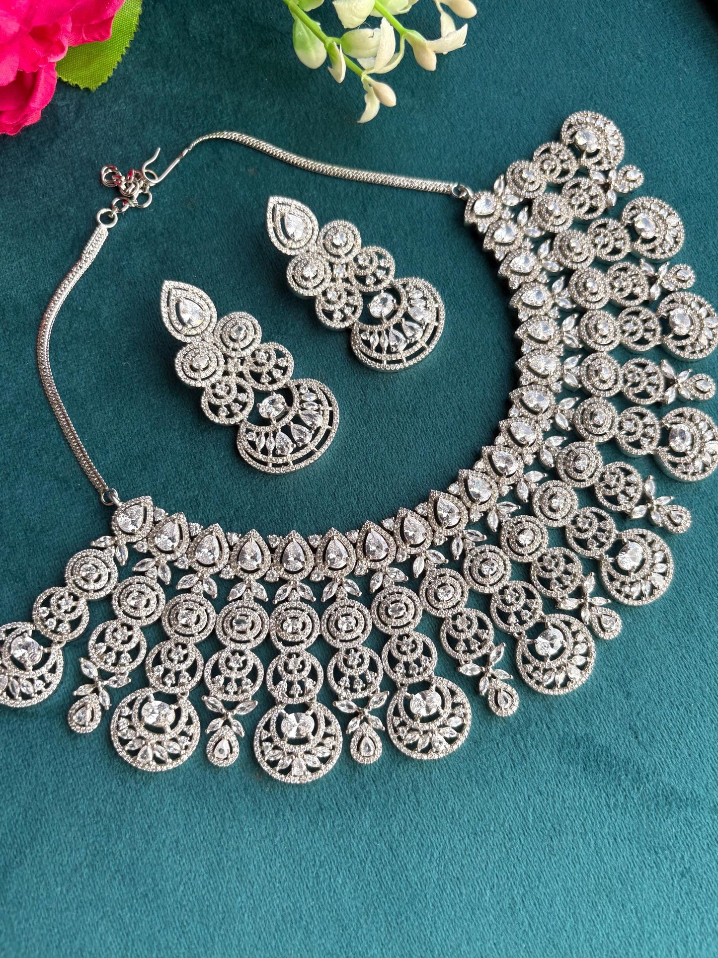 ELENA Silver Clear stones American Diamond Necklace Indian bollywood Jewellery Punjabi Jewelry Pakistani Jewelry,cz zircon silver colour