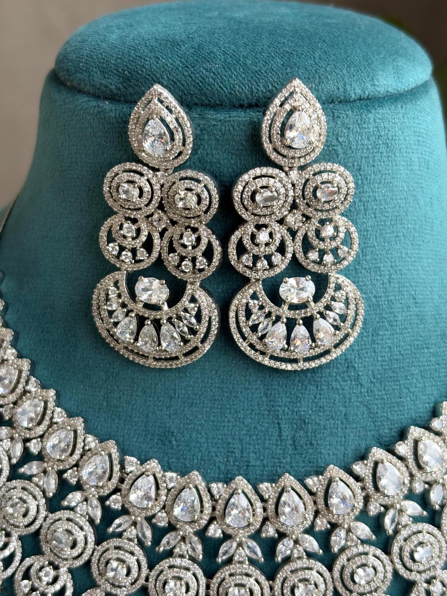 ELENA Silver Clear stones American Diamond Necklace Indian bollywood Jewellery Punjabi Jewelry Pakistani Jewelry,cz zircon silver colour