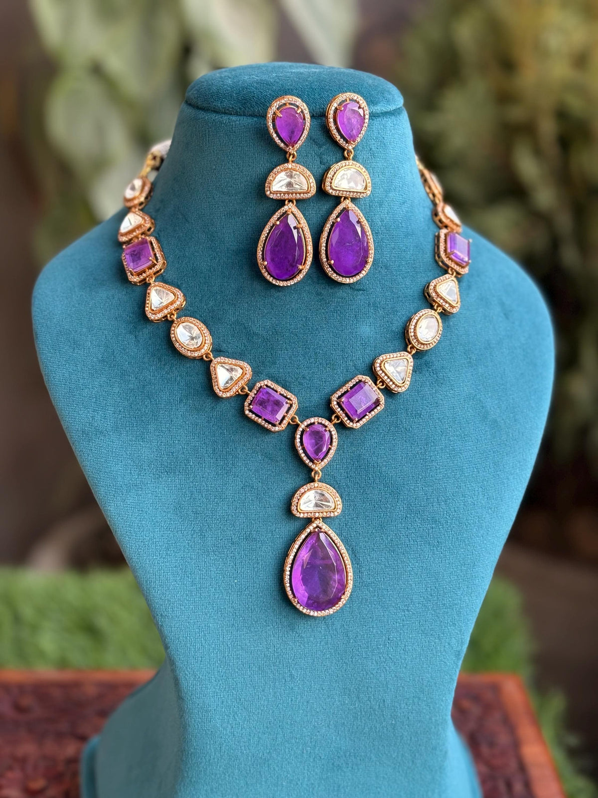 RHEA  purple necklace,Doublet Stones Uncut Polki Kundan Wedding Jewelry Necklace with Earrings,Indian Pakistani jewelry, two tone