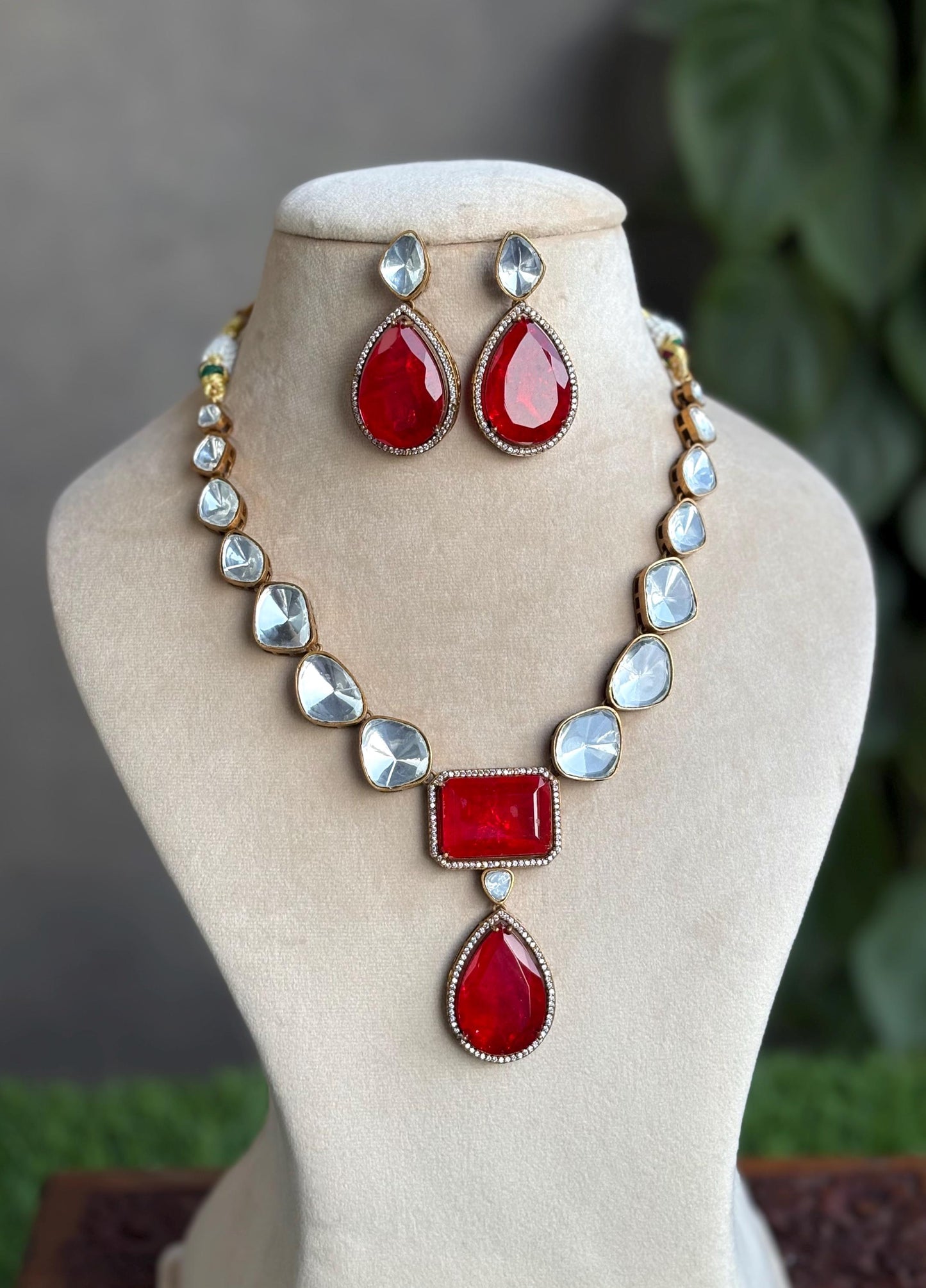 SARGAM Gold Finish Ruby Red Doublet Stones Uncut Polki Kundan Wedding Jewelry Necklace Set with Earrings Indian pakistani jewelry