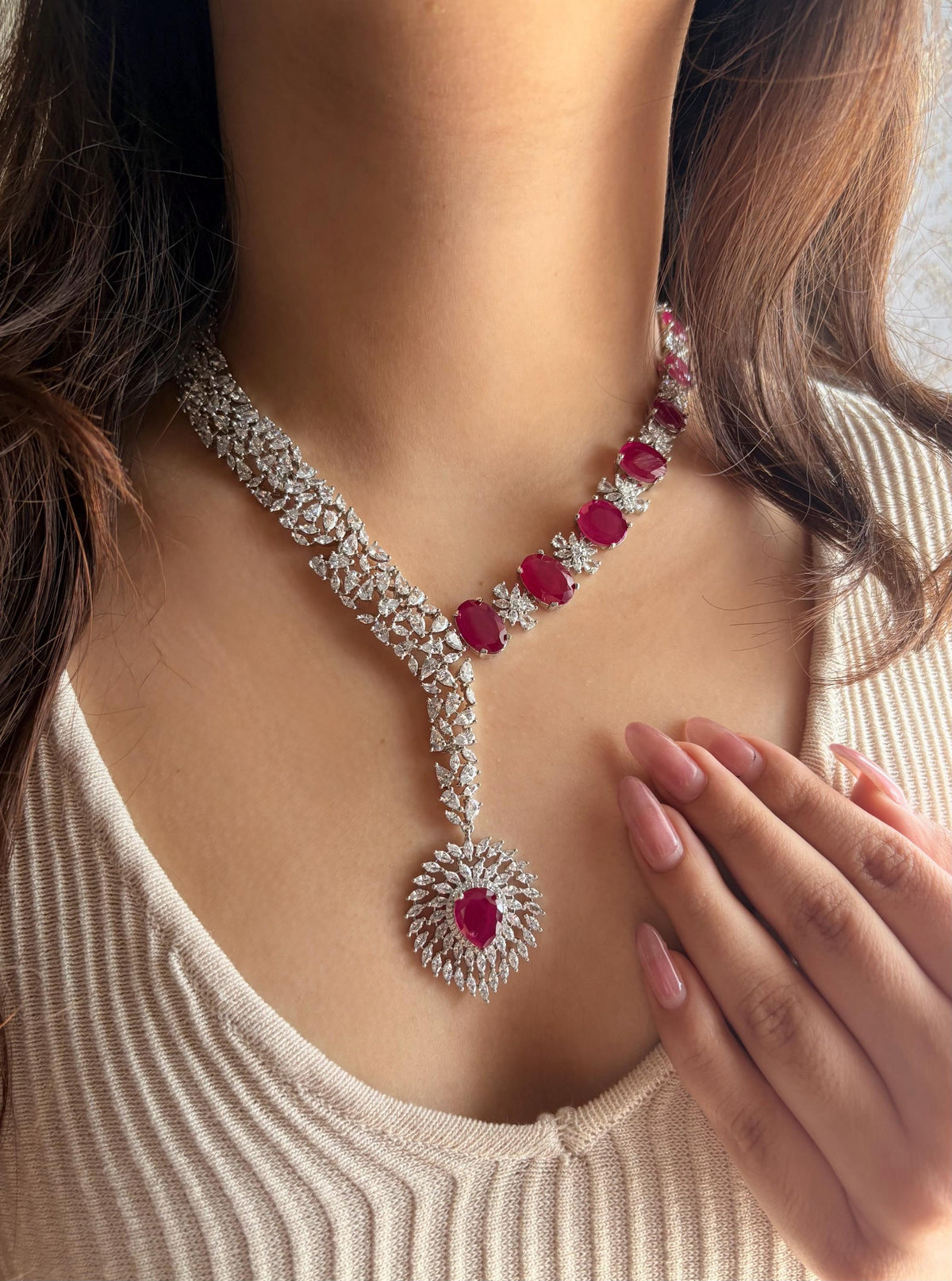 AISHANI Ruby colour stylish necklace Set in American Diamond Classy high quality cz zircon jewelry, prom,gala dinner bridal jewellery