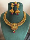 DEVI Gold temple jewellery South Indian jewelry, Goddess Lakshmi necklace with jhumkas and maangtikka, Indian antique golden jewelry, kempu
