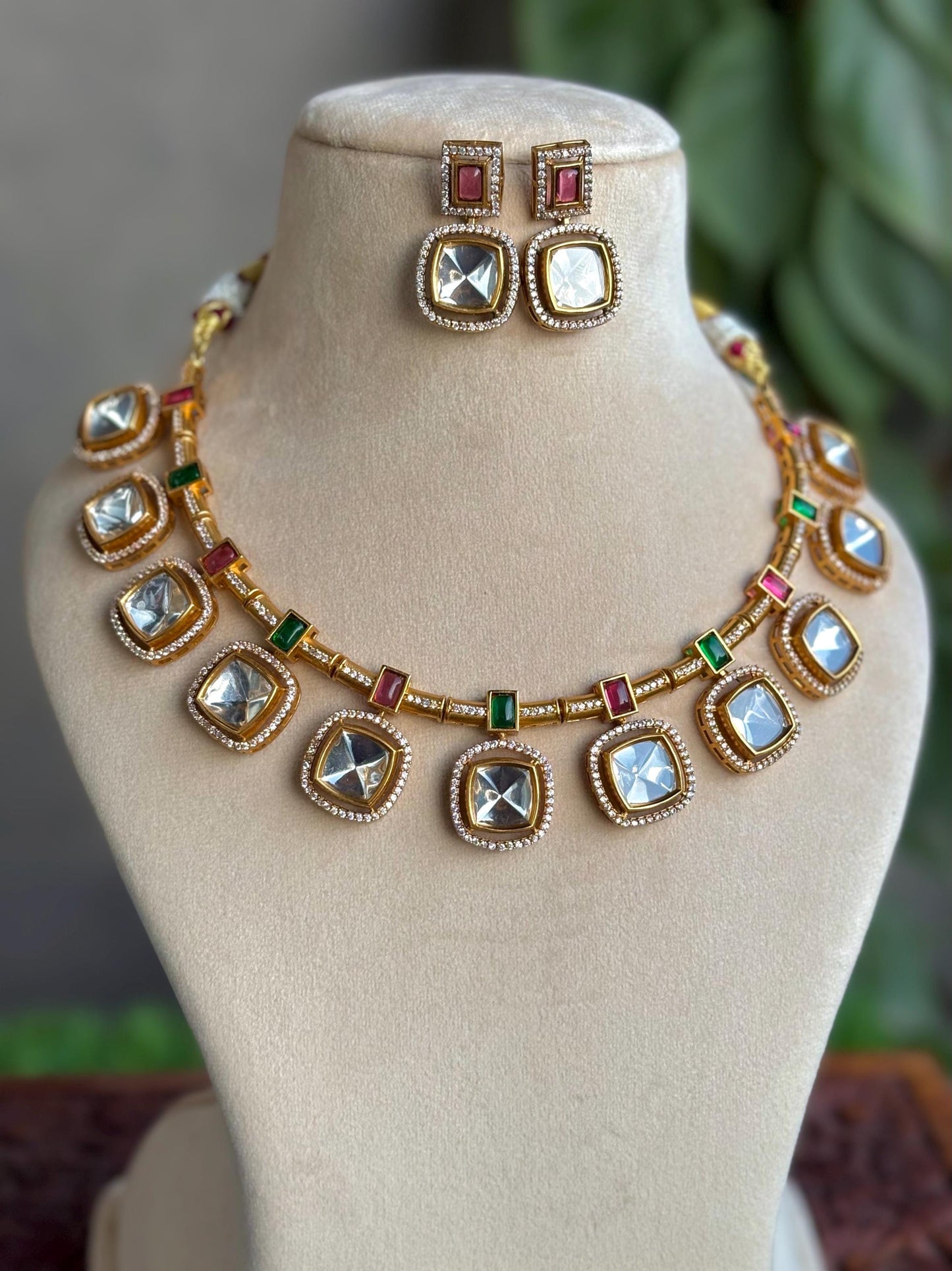 AYSHA Gold Finish Ruby Green  Polki Kundan Wedding Jewelry Necklace Set with Earrings,indian wedding jewelry, indian traditional jewellery