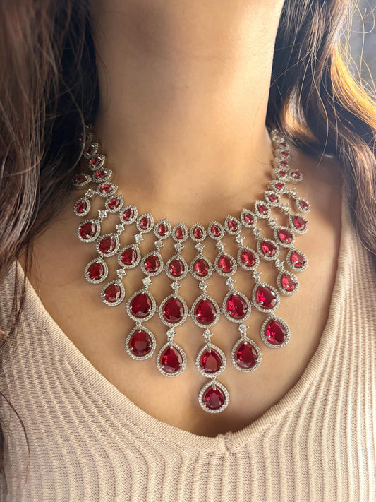 MEHNAZ Ruby red American Diamond  High Quality necklace set, bridal wedding jewellery, red colour jewelry, necklace earrings