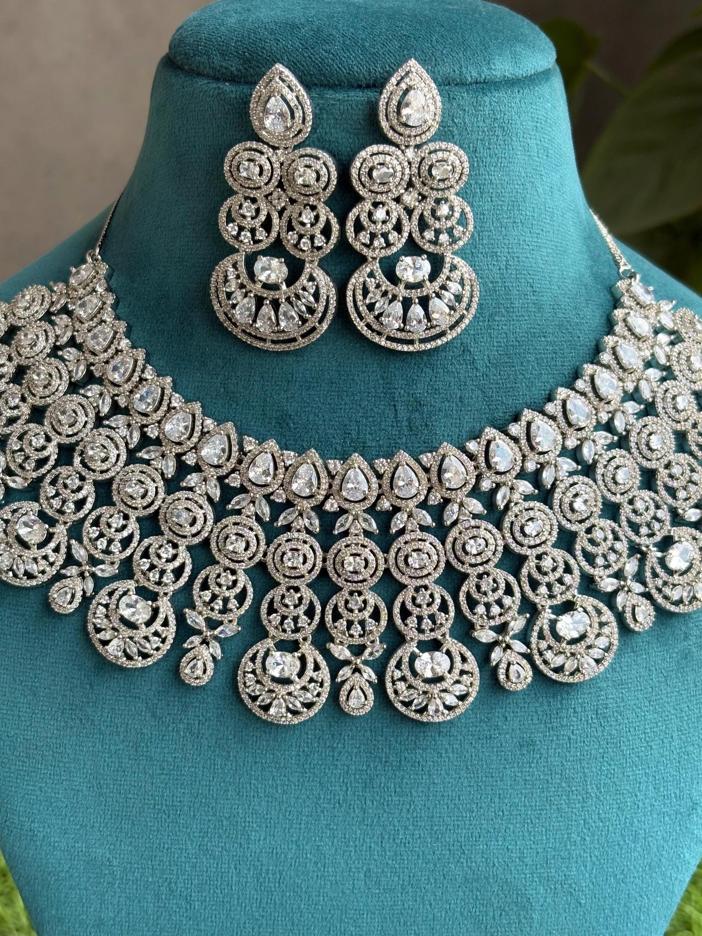 ELENA Silver Clear stones American Diamond Necklace Indian bollywood Jewellery Punjabi Jewelry Pakistani Jewelry,cz zircon silver colour