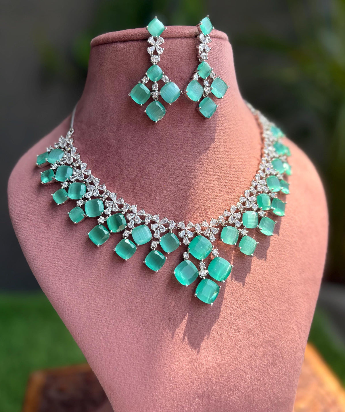 ELIZA Mint green colour jewelry American Diamond High Quality necklace Choker set bridal wedding jewelry, Mint green choker necklace