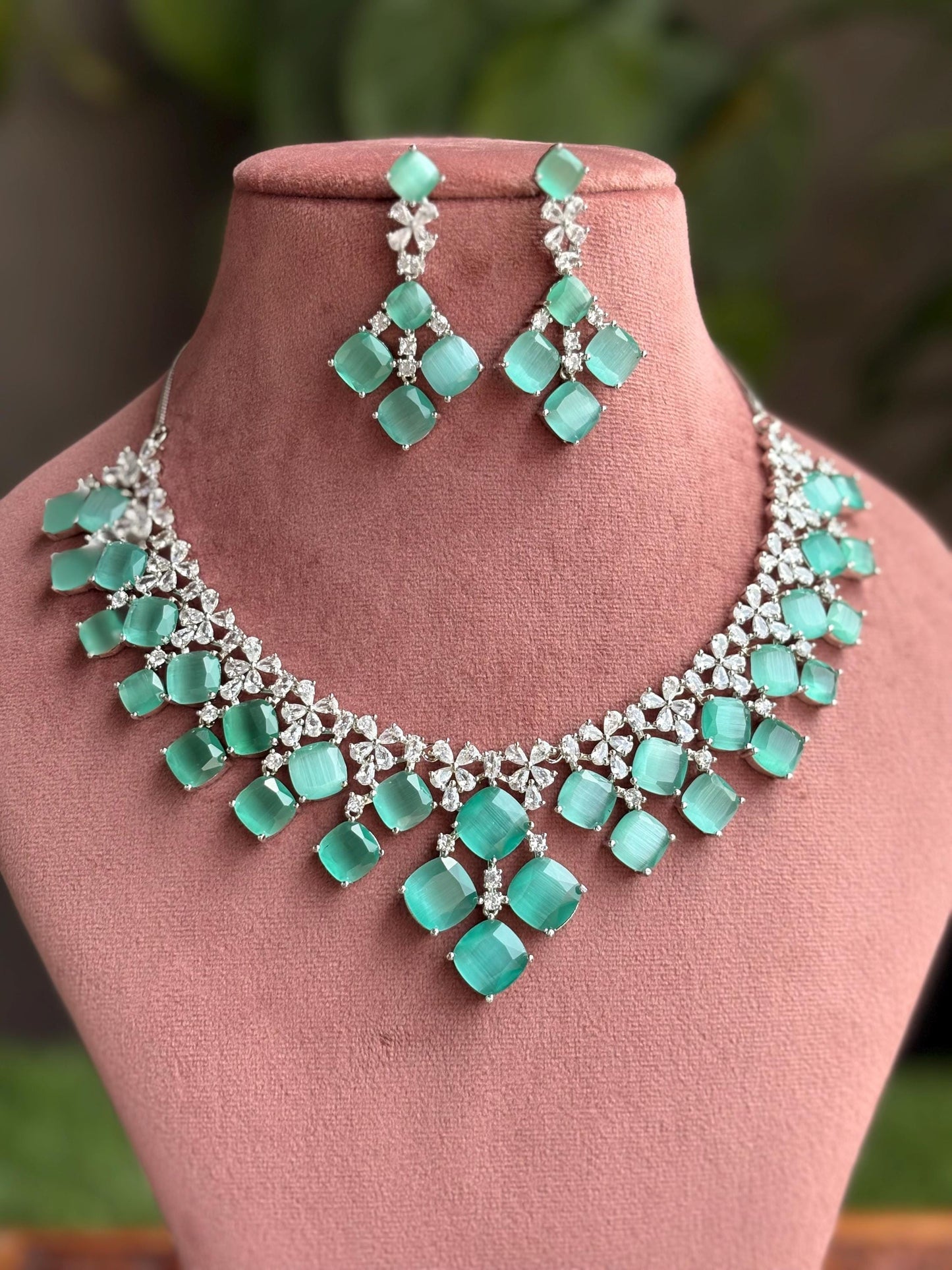 ELIZA Mint green colour jewelry American Diamond High Quality necklace Choker set bridal wedding jewelry, Mint green choker necklace