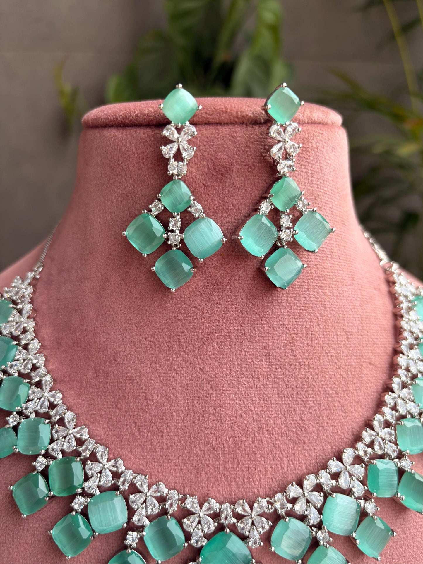 ELIZA Mint green colour jewelry American Diamond High Quality necklace Choker set bridal wedding jewelry, Mint green choker necklace