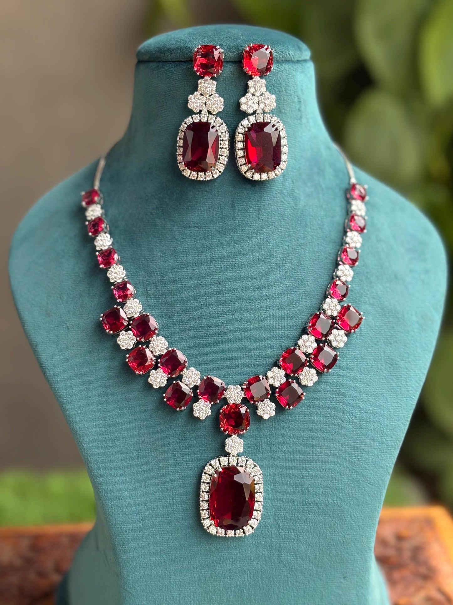 ADITA Ruby red silver necklace earrings in American Diamond Classy high quality cz zircon jewelry,prom,gala dinner red colour jewellery set