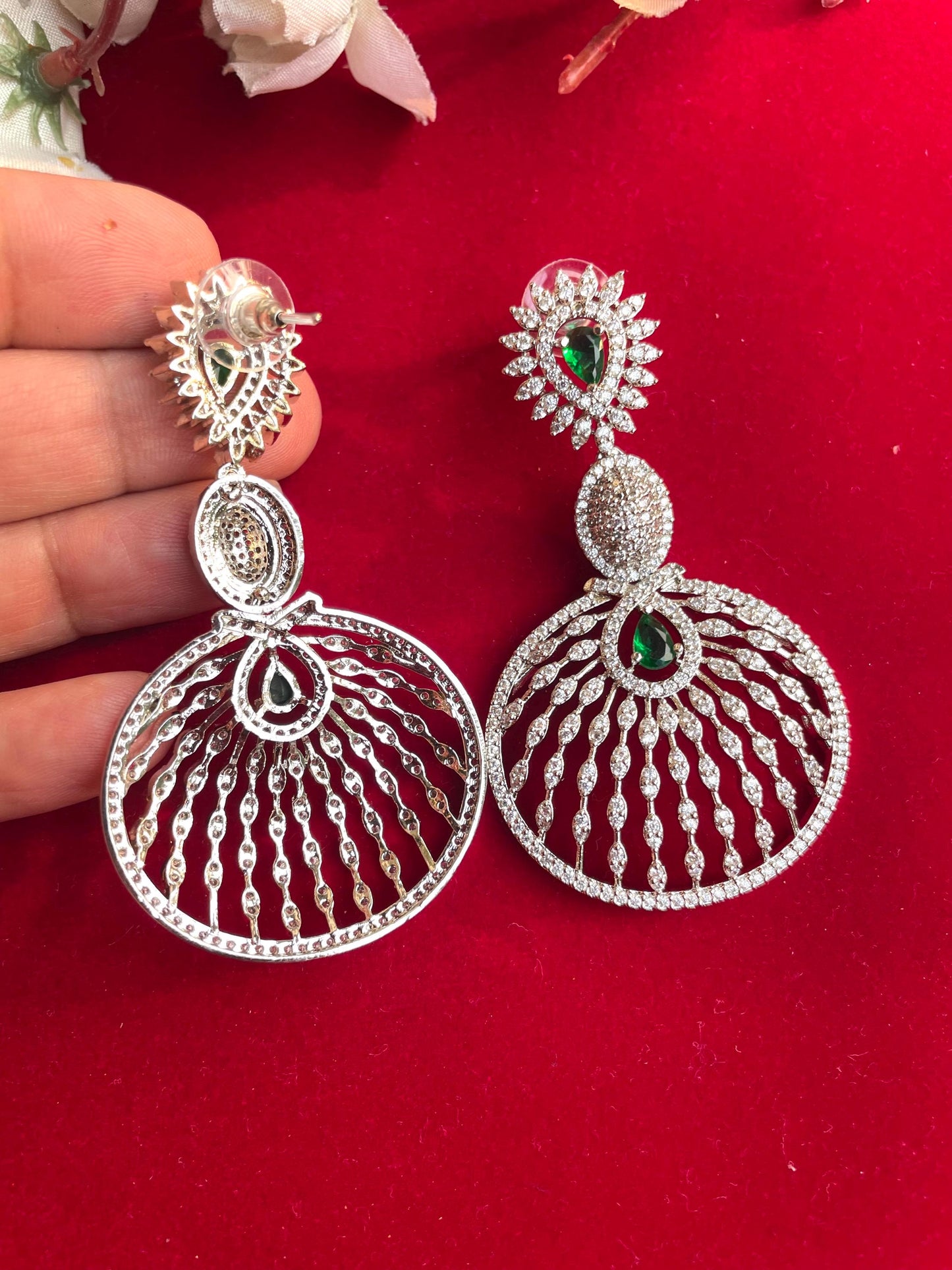BASMA high quality Emerald green american diamond earrings Indian Wedding jewellery, bridal,bollywood jewelry, prom, zirconia danglers